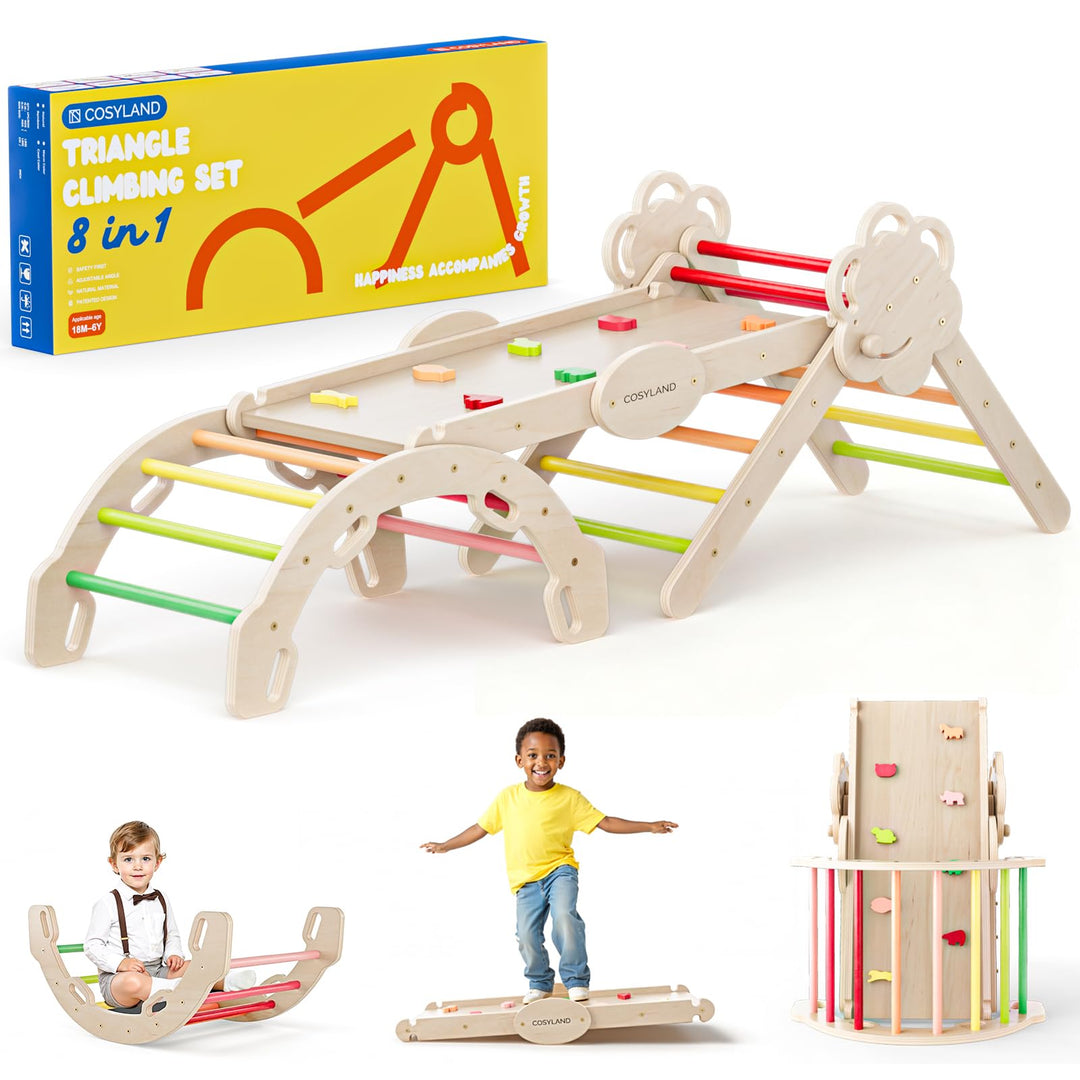 COSYLAND 8-in-1 Klettergerüst Indoor L – Grosses Kletterdreieck Set mit Kletterbogen & Rutsche – War