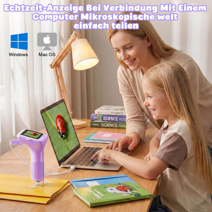 Digitales Mikroskop für Kinder 1000x Vergrösserung, Tragbares Mikroskop Kinder mit 3,0 Zoll HD Bilds