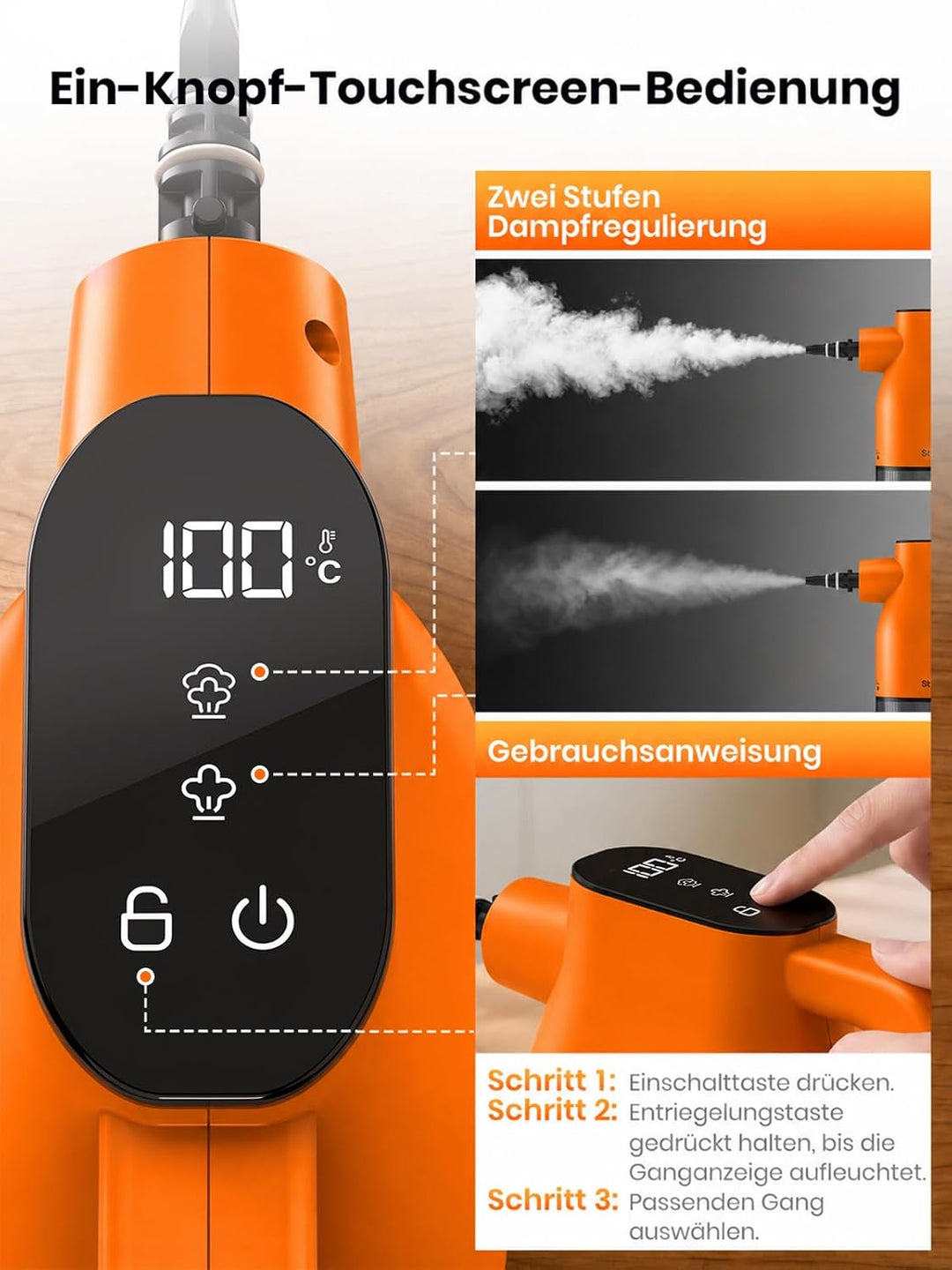 Handdampfreiniger mit Smart-Touchscreen, 10 Sek. Aufheizzeit, 400 ml Wassertank, 4 m Netzkabel, 2 Da
