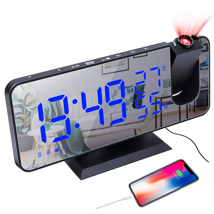 YUNYODA Projektionswecker, digitaler LED-Wecker mit Spiegeloberfläche, USB-Ladeanschluss, Schlummerf