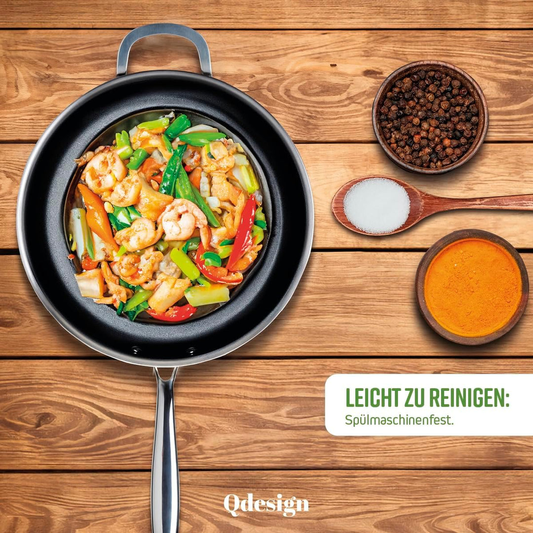 Qdesign - Dreischichtige Wok-Pfanne - Edelstahl mit Antihaftbeschichtung - Induktionsboden - Gesunde