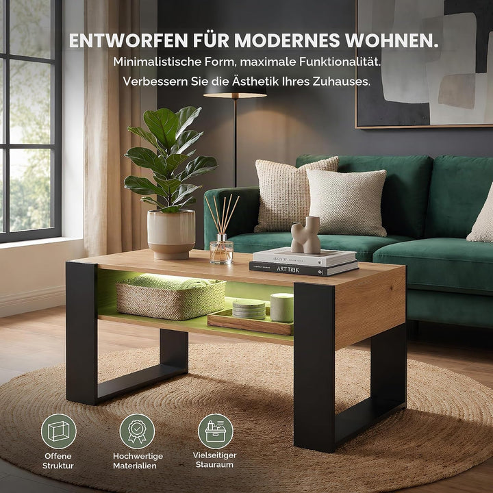 Couchtisch mit LED-Beleuchtung und Stauraum, Wohnzimmertisch Holz, Moderner Sofatisch mit U-förmigen