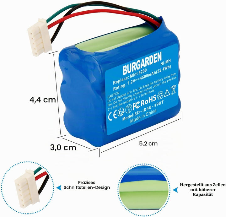 7.2V 4500mAh NI-MH Akku für 380T, 380, 390T, Kompatibel mit Mint 5200, 5200B, 5200C Staubsauger