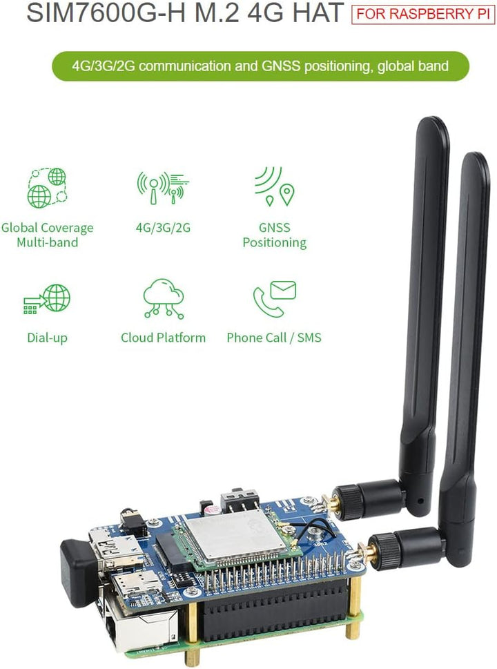 Waveshare SIM7600G-H M.2 4G Hat for Raspberry Pi LTE CAT4 High Speed Global Coverage Multi Band 4G/3