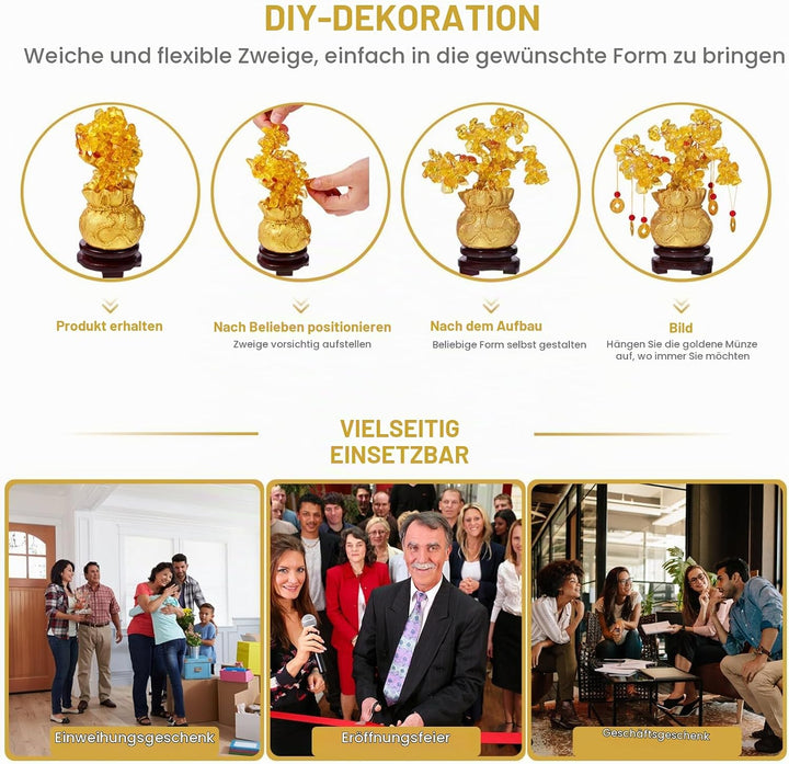 IMIKEYA Geldbaum Feng Shui Gold Glücksbaum Pfennigbaum Kristall Feng Shui Deko with Glücksmünzen und