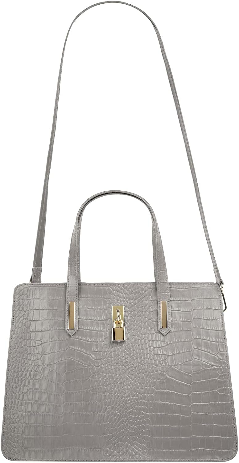 Handtasche Echt Leder Damen | Made in Italy, Smartphonefach, Kroko-Design, elegante Umhängetasche, D
