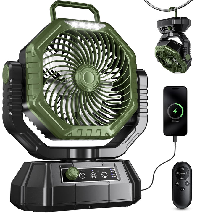 Camping Ventilator, 20000mAh Wiederaufladbarer Ventilator mit LED Licht & Haken, 270° Drehung, Stufe