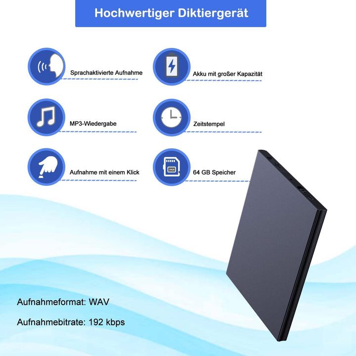 Mini-Diktiergerät, 64 GB, professioneller Sprachrekorder mit Sprachaktivierung, 60 Stunden Aufnahme,