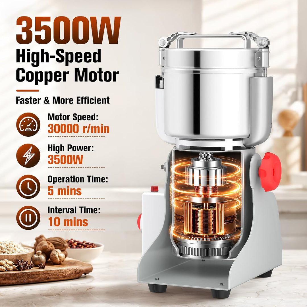 Elektrische Getreidemühle 800 g, 3500 W, 30000 U/min | Deckel-Abschaltautomatik und 5-Minuten-Timer.