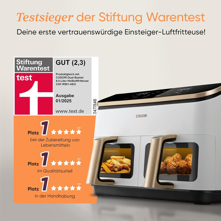 COSORI Heissluftfritteuse 2 Kammern, Testsieger der Stiftung Warentest, 8,5 L 6-in-1 Airfryer mit Si