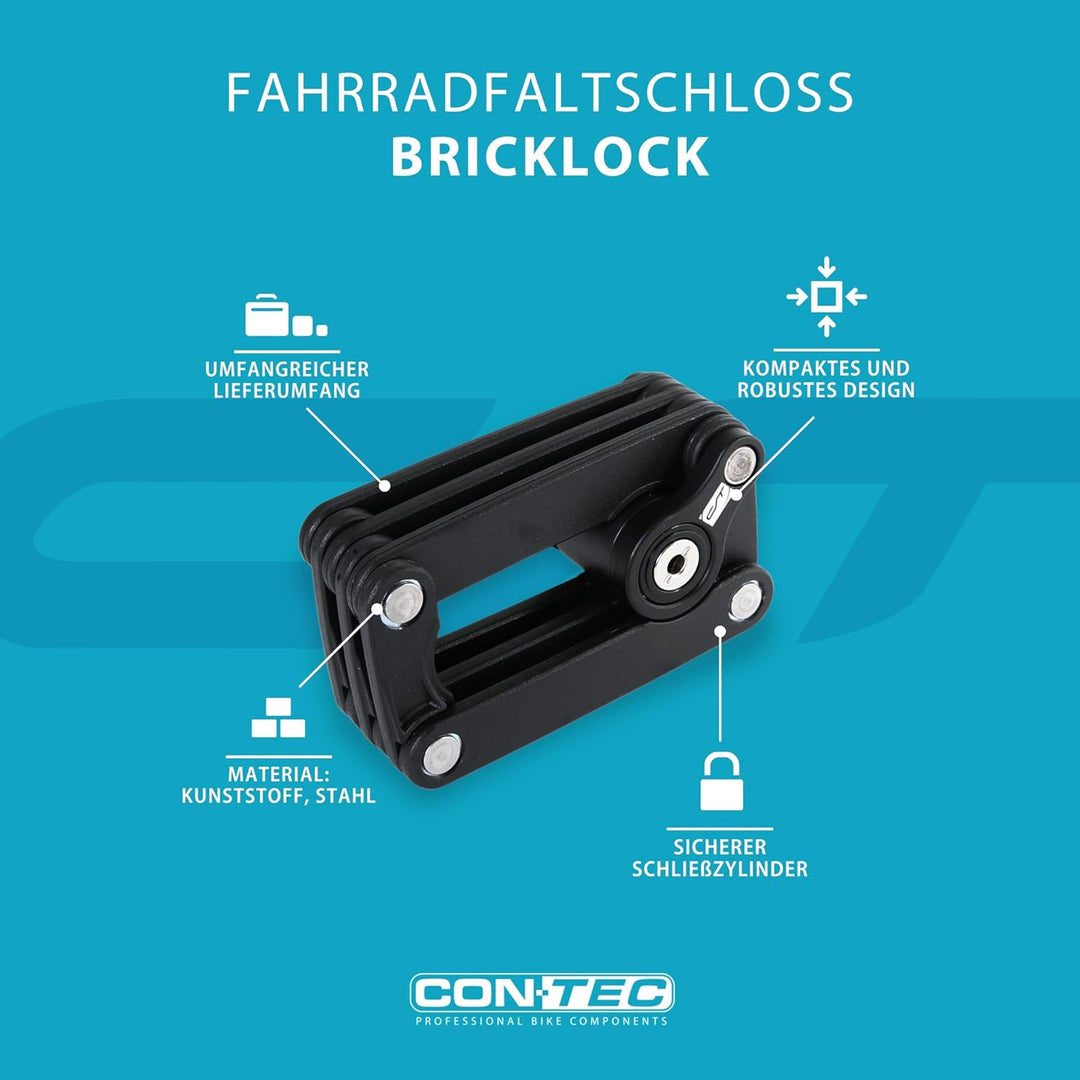 CONTEC Fahrrad-Faltschloss Brick Lock, Schwarz, Stahl, Hohe Sicherheit, 780mm, Mit 2 Schlüsseln, Fal