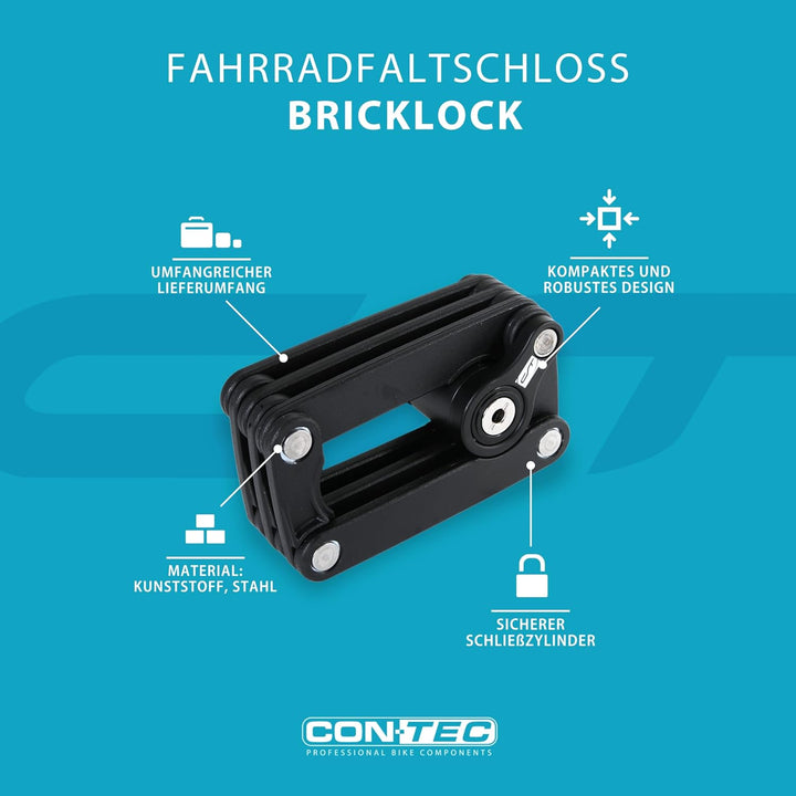 CONTEC Fahrrad-Faltschloss Brick Lock, Schwarz, Stahl, Hohe Sicherheit, 780mm, Mit 2 Schlüsseln, Fal