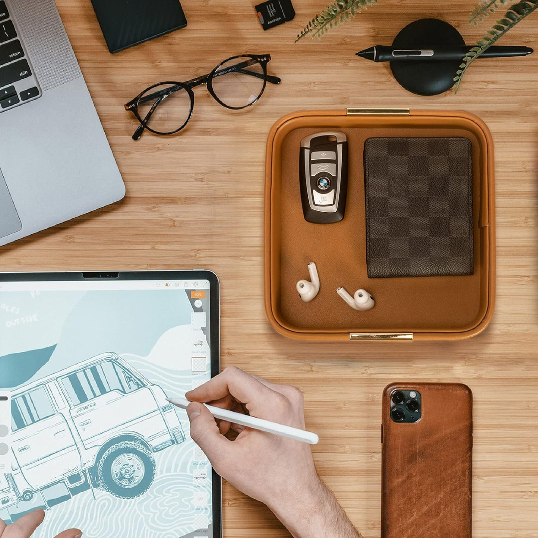 SANZIE Schreibtisch-Organizer aus Leder, Ablage für Schlüssel, Handy, Geldbörse, Münzgeld (orange),