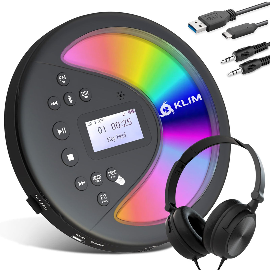 KLIM Discover Mit Kopfhörern + Tragbarer CD-Player Walkman mit langlebigem Akku + Radio FM + Kompati