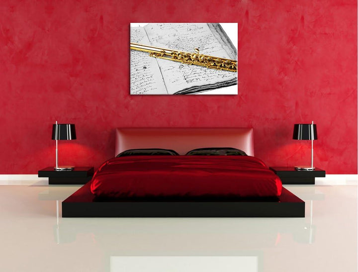 schöne Querflöte auf altem Buch schwarz/weiss Format: 100x70 auf Leinwand, XXL riesige Bilder fertig