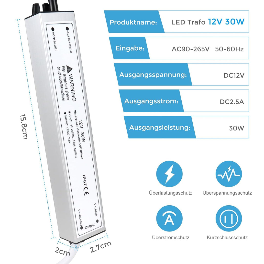 LED Trafo 12V 30W IP67, Outdoor Wasserdicht Transformator mit Stecker, LED Netzteil Treiber 230V auf