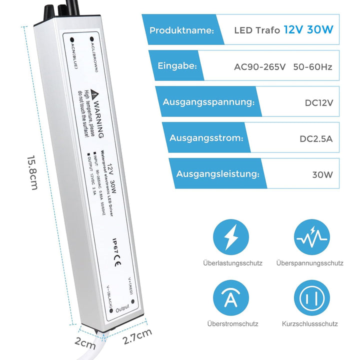 LED Trafo 12V 30W IP67, Outdoor Wasserdicht Transformator mit Stecker, LED Netzteil Treiber 230V auf