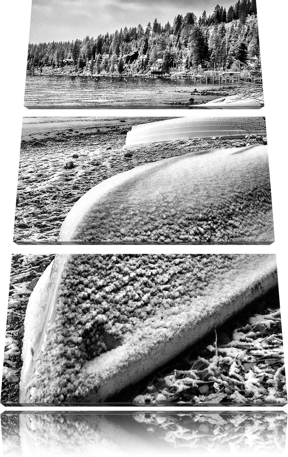 Pixxprint Monocrome, zugeschneite Boote im Winter 3-Teiler Leinwandbild 120x80 Bild auf Leinwand