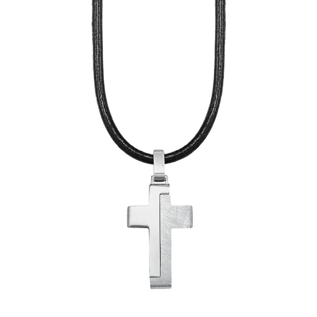 s.Oliver Kette mit Anhänger Edelstahl Leder Jungen Kinder Halsschmuck, 40+3 cm, Schwarz, Kreuz, Komm
