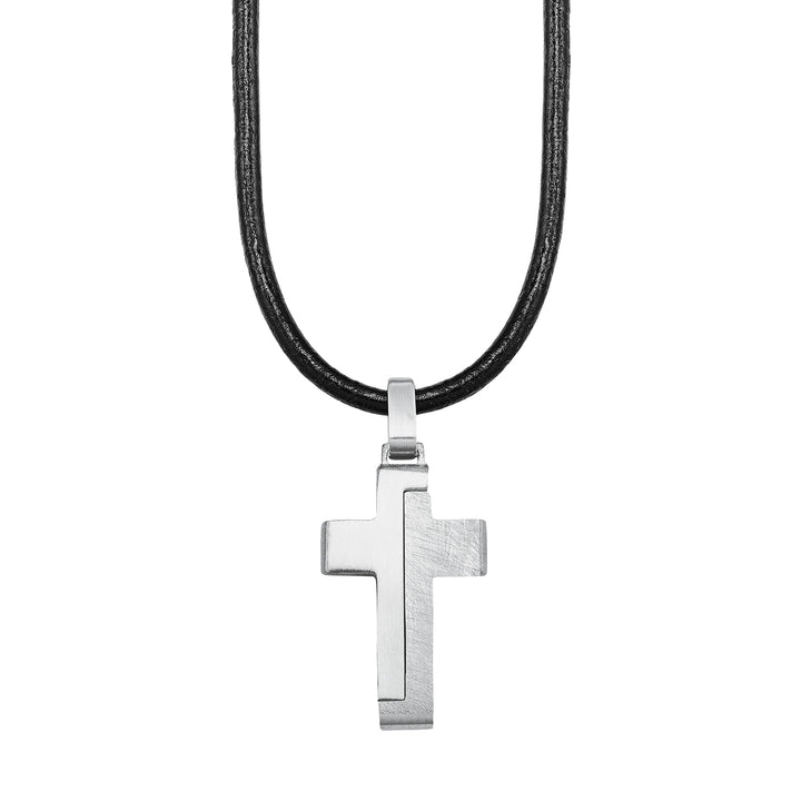 s.Oliver Kette mit Anhänger Edelstahl Leder Jungen Kinder Halsschmuck, 40+3 cm, Schwarz, Kreuz, Komm