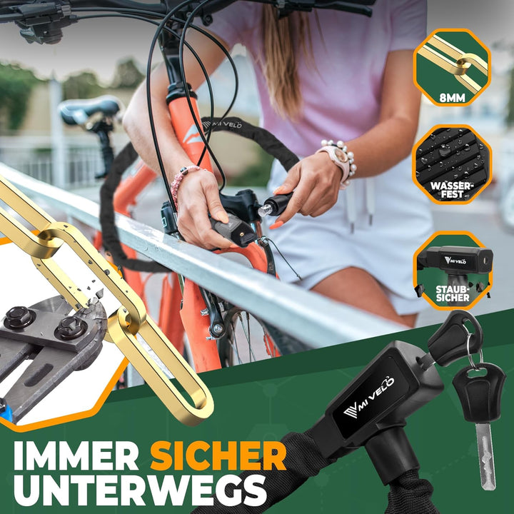 MIVELO Fahrradschloss Kettenschloss hohe Sicherheit 100cm lang I Fahrrad Schloss mit Schlüssel 8mm g