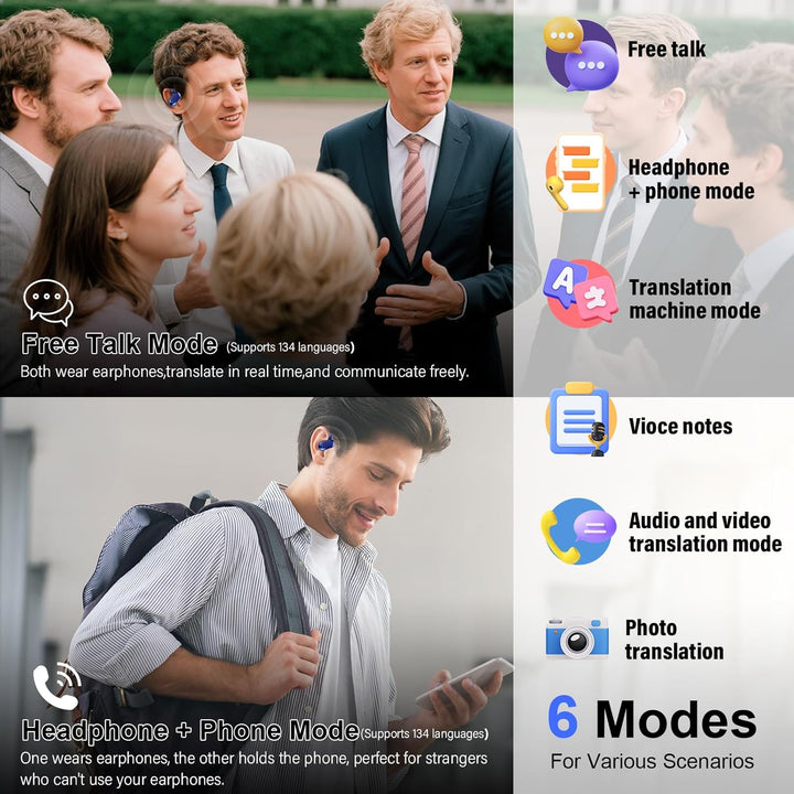 AI Kopfhörer Übersetzer, Echtzeit Sprachübersetzer Kopfhörer 164 Sprachen mit App, 6 Übersetzungsmod