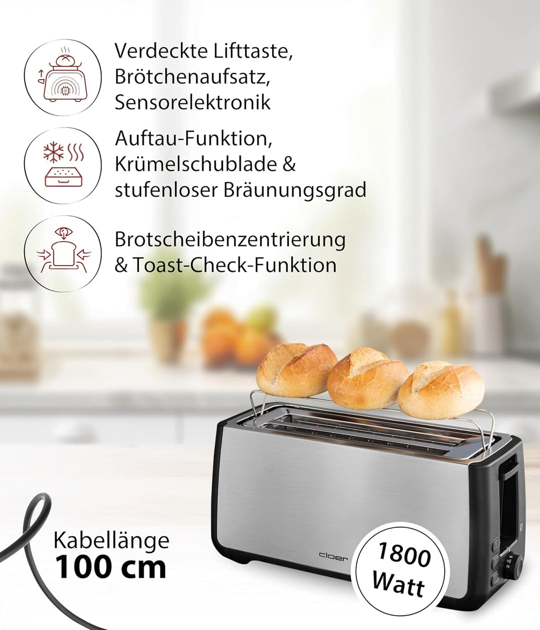 Cloer 3579 King-Size Toaster für 4 XXL Scheiben, Check-Funktion, Edelstahlgehäuse, 1500 Watt, schwar