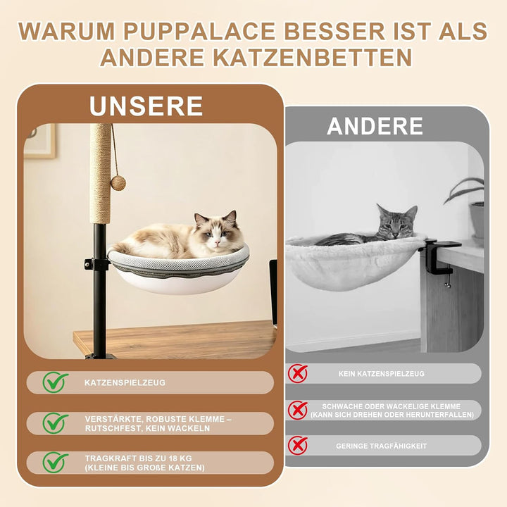 Katzenbett Schreibtisch Katzenplattform 360° Drehbar Höhenverstellbar | Katzenhängematte mit Grau Ne