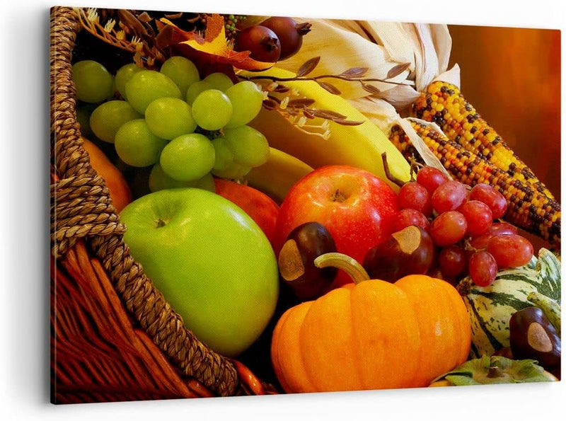 ARTTOR Bilder auf Leinwand 100x70cm Leinwandbild Weidenkorb Obst Gemüse Gross Wanddeko Bild Schlafzi