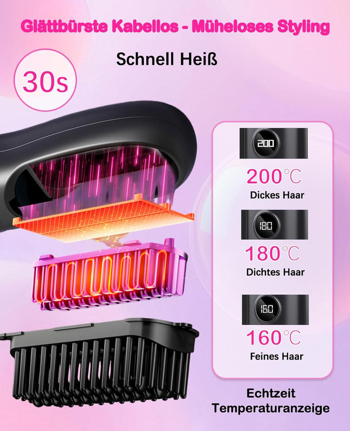 Stylingbürste für Kurze Haare, Glättbürste Kabellos, Wiederaufladbare Haarglätter Bürste mit LED-Anz