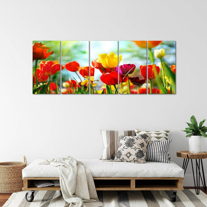 Runa Art Wandbild XXL Blumen Tulpen Wohnzimmer Schlafzimmer 200 x 80 cm Bunt 5 Teilig - Made in Germ