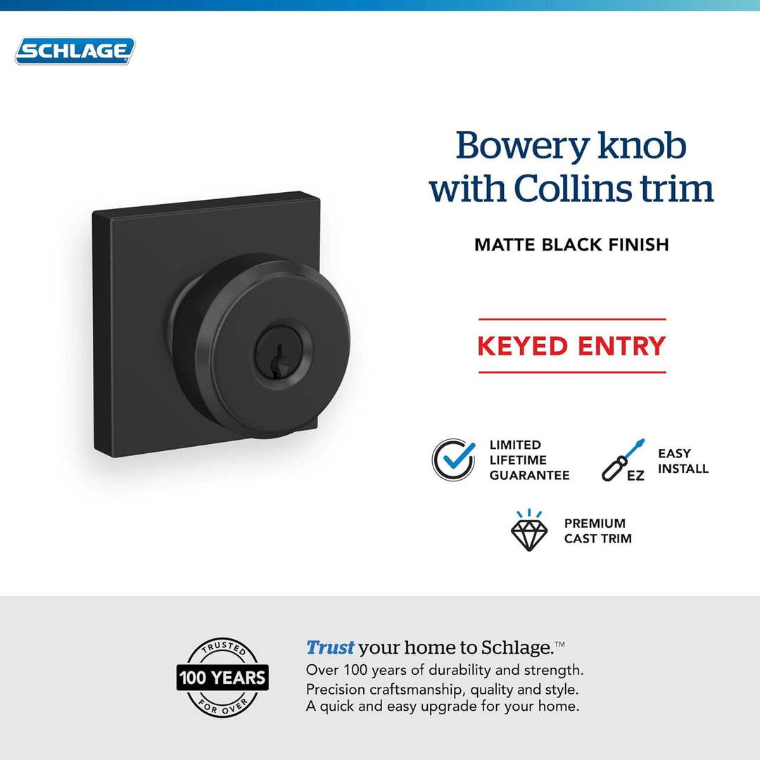 Schlage F51ABWE622COL Bowery Türknauf mit Collins-Besatz Schloss mit Schlüssel, Matte Black Matte Bl