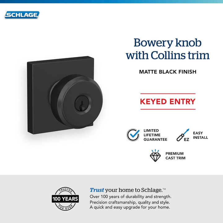 Schlage F51ABWE622COL Bowery Türknauf mit Collins-Besatz Schloss mit Schlüssel, Matte Black Matte Bl