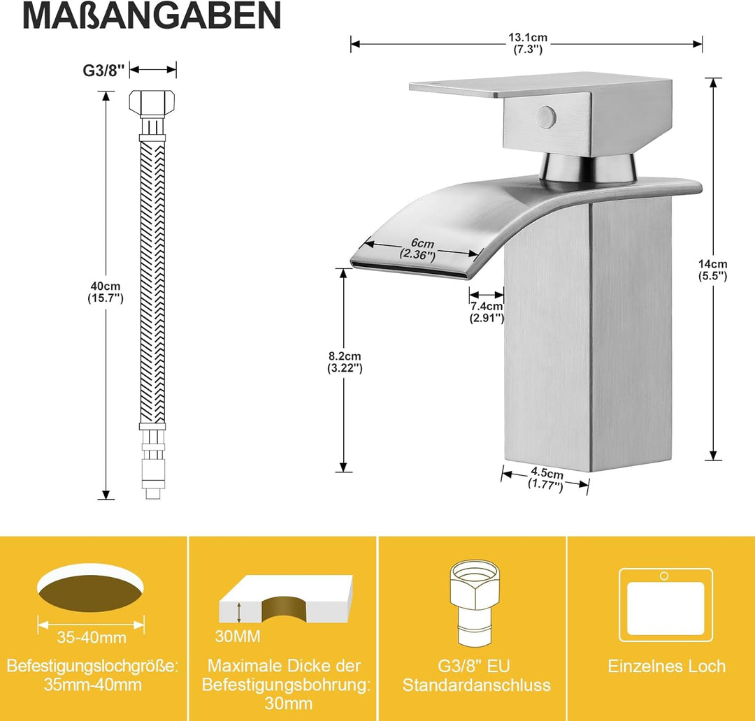 BESy Wasserfall Auslauf Badezimmer Waschtischarmatur, Einhebel-Waschtischmischbatterie, RV Waschbeck