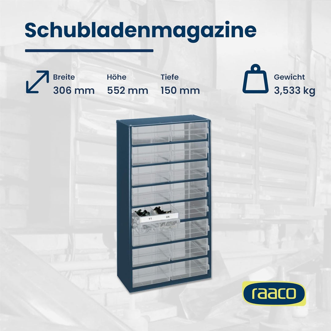 raaco Kleinteilemagazin C12-16 mit 16 Schubladen, Tragkraft 26.4 kg, 15 x 30.6 x 55.2 cm, geeignet f