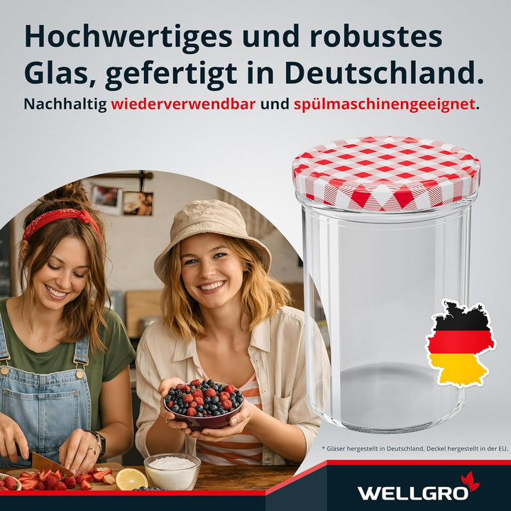 WELLGRO 12x Einmachgläser mit Schraubdeckel - 435 ml, 8,5 x 12 cm (ØxH), Glas/Metall, rot karierte D