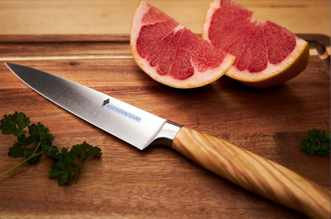 KÜCHENSCHARF Profi Universalmesser 9 cm mit Olivenholzgriff - Ergonomisches Kochmesser aus 100% Edel