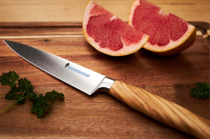 KÜCHENSCHARF Profi Universalmesser 9 cm mit Olivenholzgriff - Ergonomisches Kochmesser aus 100% Edel