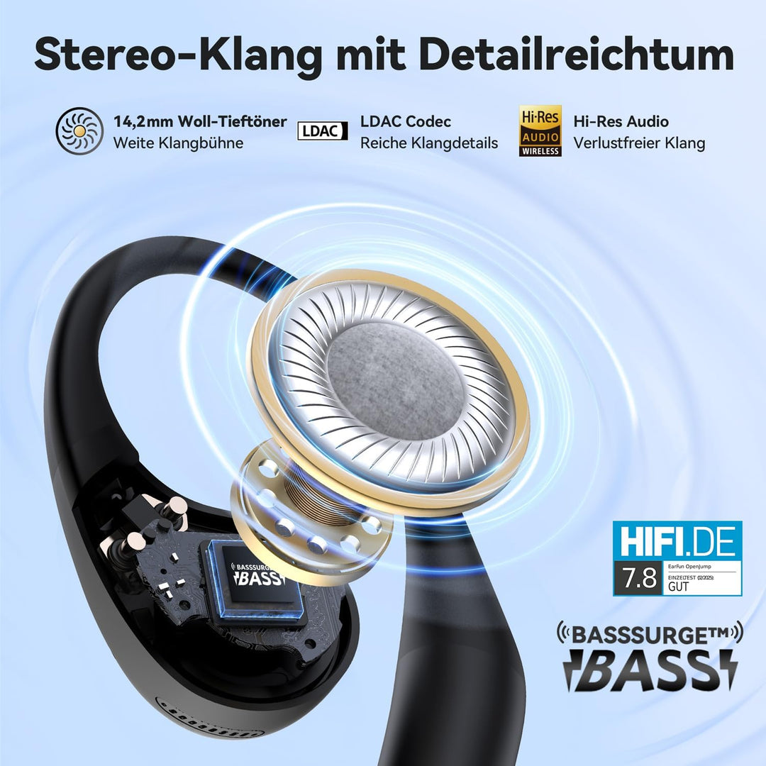 EarFun OpenJump Bluetooth Open-Ear Kopfhörer, Hi-Res Audio, LDAC, Theatermodus, anpassbare Ohrbügel,