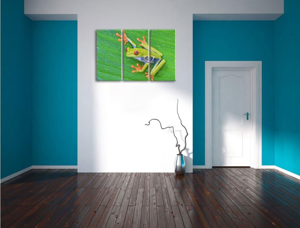 Pixxprint Kleiner Frosch auf Blatt / 3-Teilig/Gesamtmass 120cm Leinwandbild bespannt auf Holzrahmen/
