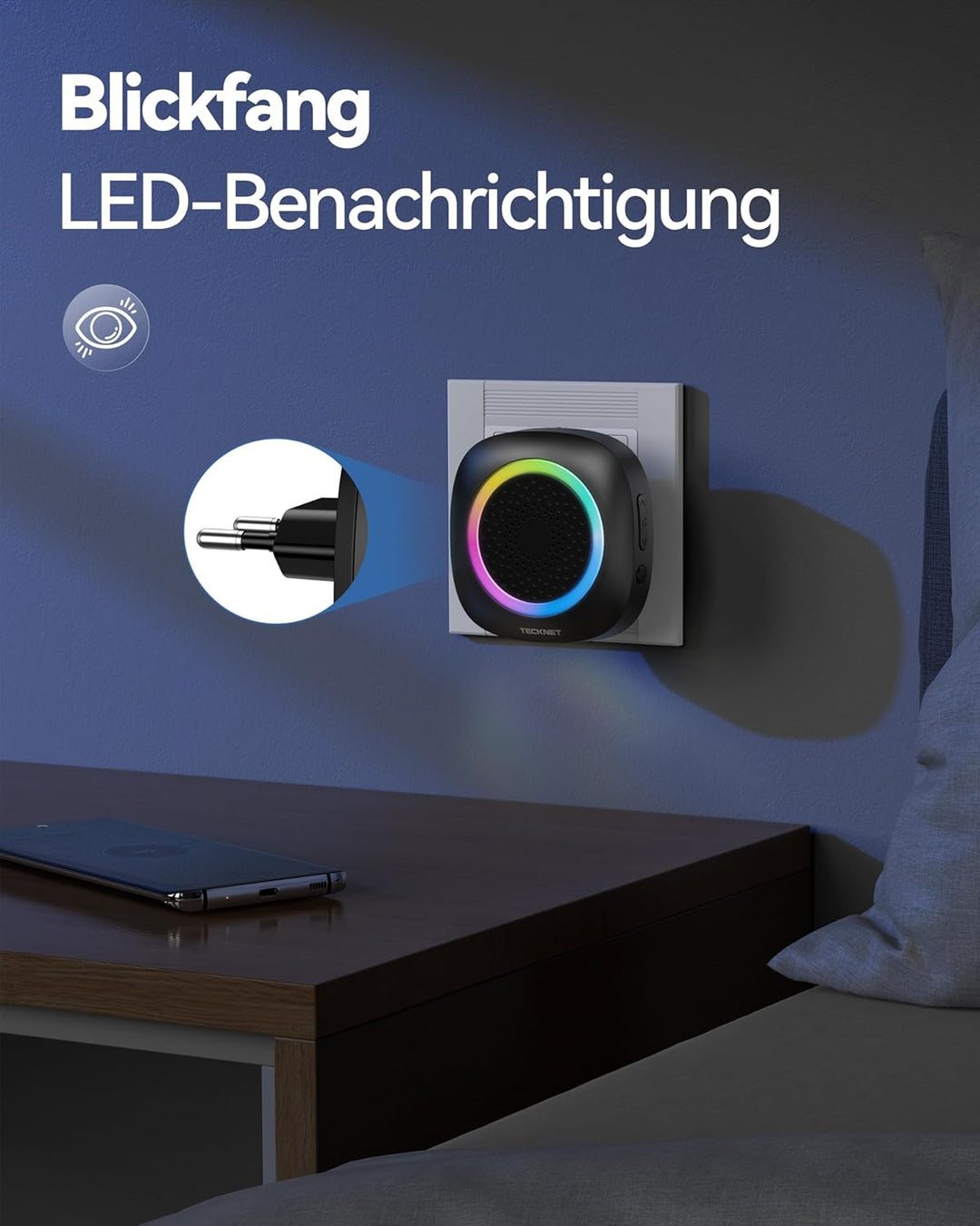 TECKNET Funkklingel, 400M Funk Reichweite Türklingel Set mit RGB Licht, IP66 Aussen Wasserdicht Haus