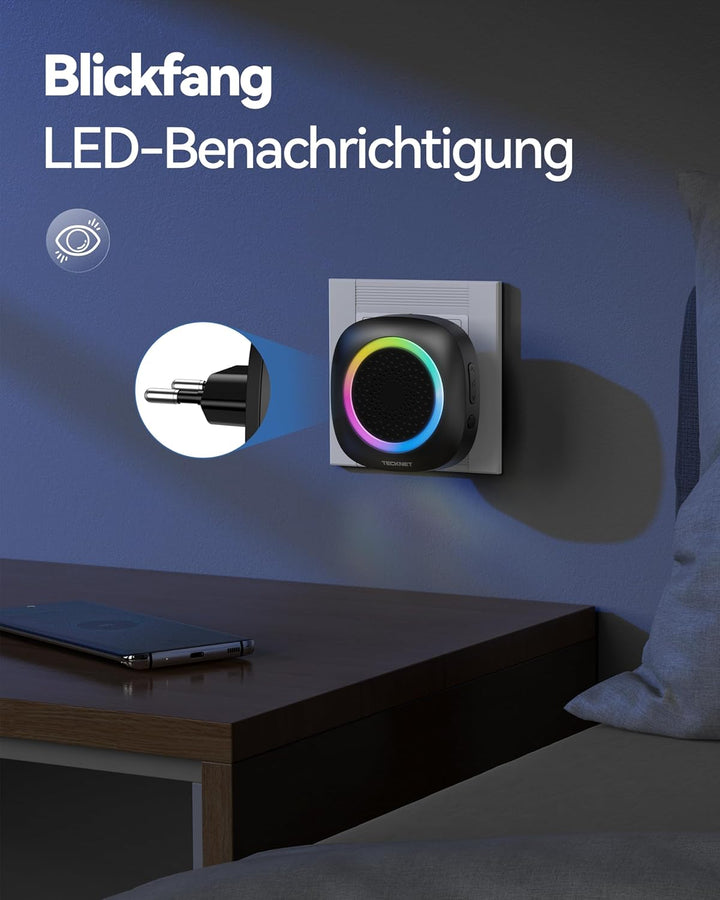 TECKNET Funkklingel, 400M Funk Reichweite Türklingel Set mit RGB Licht, IP66 Aussen Wasserdicht Haus