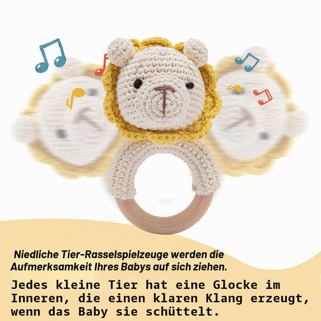 Youuys Babyrassel Gehäkelte Holz Häkeln Tiere Greifling Baby Holz Rassel Baby mit Sound Handmade Ras