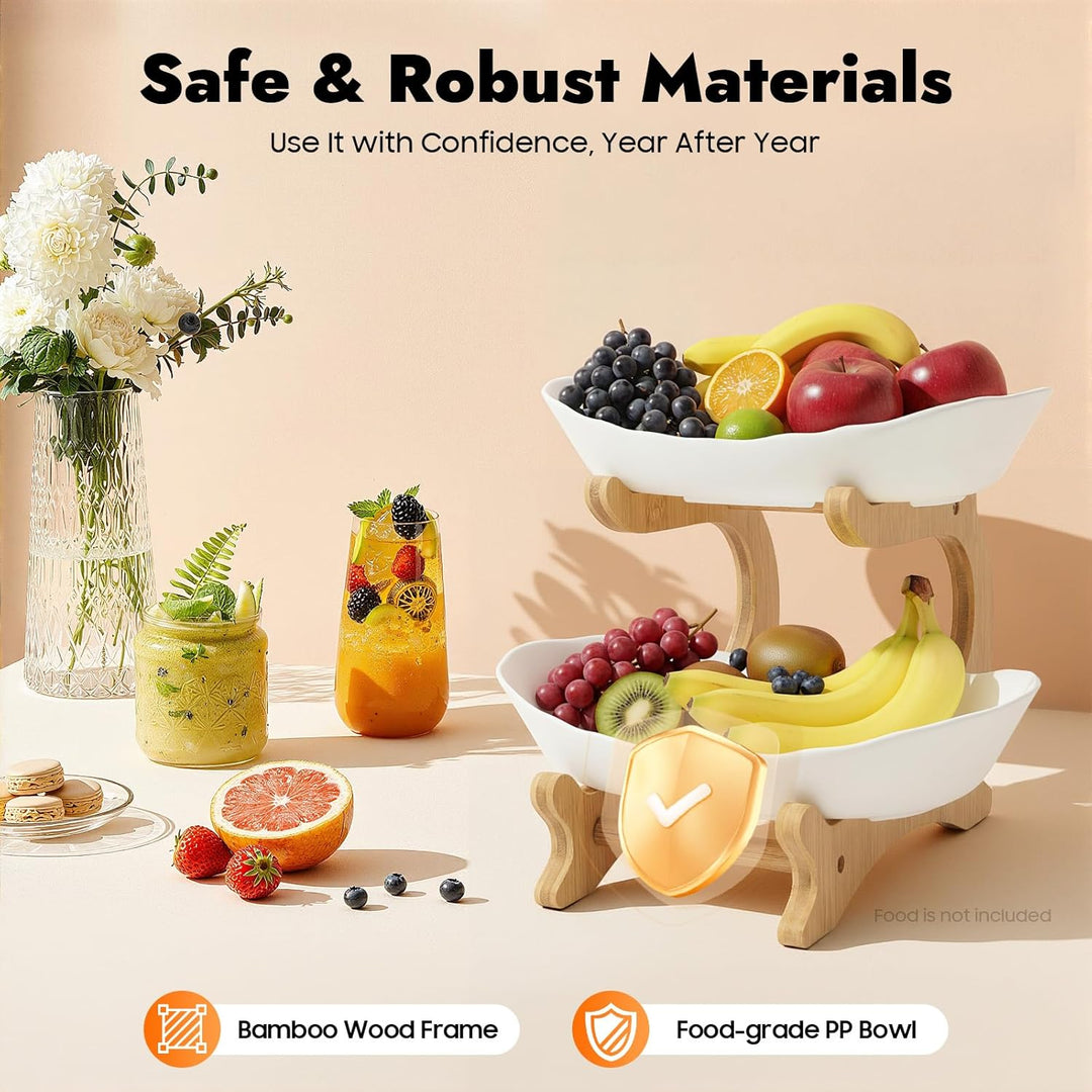 Obstschale Obstserviertablett, brotkorb Bambusholzrahmen, 2 lebensmittelechte PP-Schalen, Frisch und