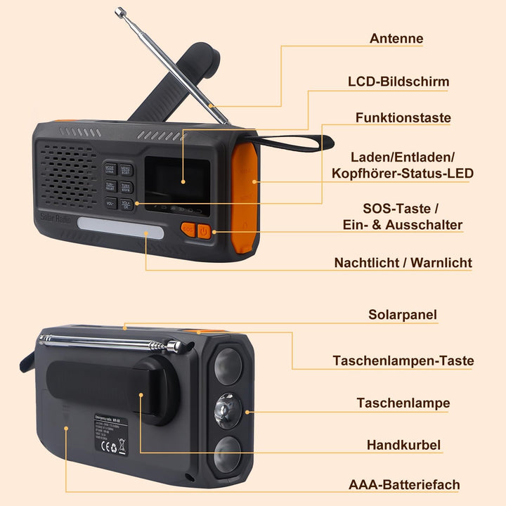 Notfallradio, Kurbelradio, FM/DAB+/DAB tragbares Solarradio mit 4000mAh Powerbank, Telefon-Ladegerät