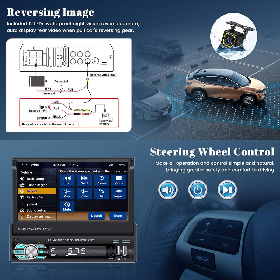 Hikity Autoradio 1 Din mit Wireless Carplay und Android Auto, 7 Zoll Ausfahrbarem Bildschirm Auto Ra