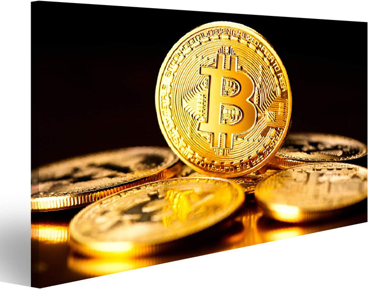 Bild Bilder auf Leinwand Bitcoin Krypto-Währung BTC-Münzen auf schwarzem Hintergrund Blockchain-Tech