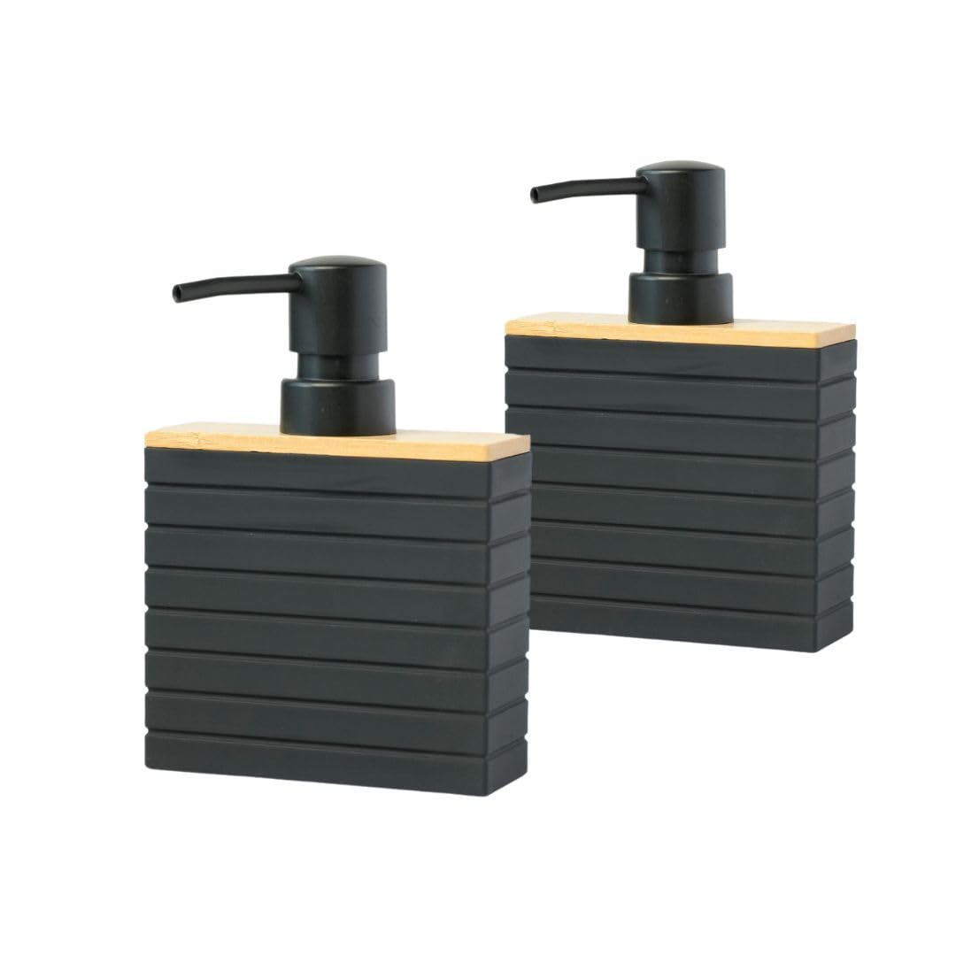 BUDDLEY Seifenspender Bamboo Schwarz, 2er Set Spülmittelspender für Küche & Bad, Freistehend Schwarz