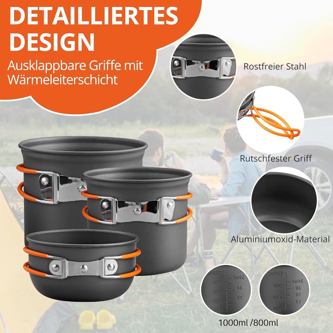 FUNYKICH 19 PCS Camping Geschirr Set, Camping Kochgeschirr Aluminium Pfanne Becher Herdplatte Reislö