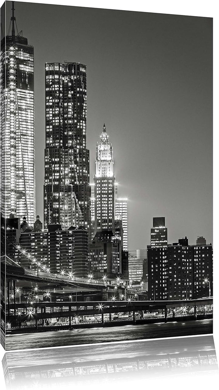 Pixxprint New York City Skyline bei Nacht / 100x70cm Leinwandbild bespannt auf Holzrahmen/Wandbild K